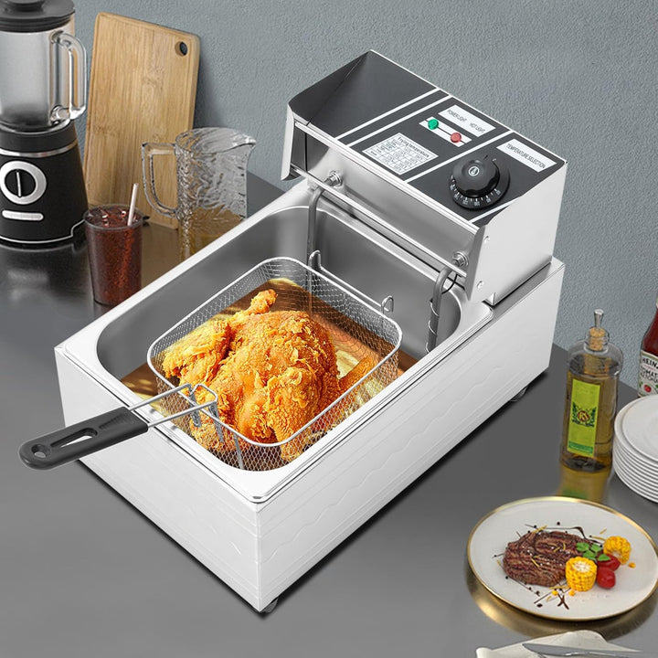 Elektrische Fritteuse 6L Frittierkorb Ölbad mit Temperaturregelung Deckel für Küche Restaurant Snack