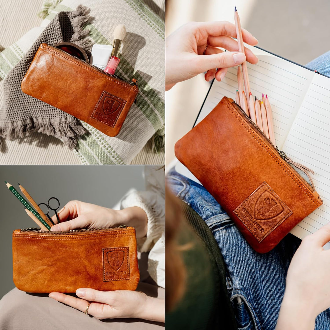 Berliner Bags Vintage Federmäppchen aus echtem Leder – Handgefertigtes Etui mit YKK-Reissverschluss,