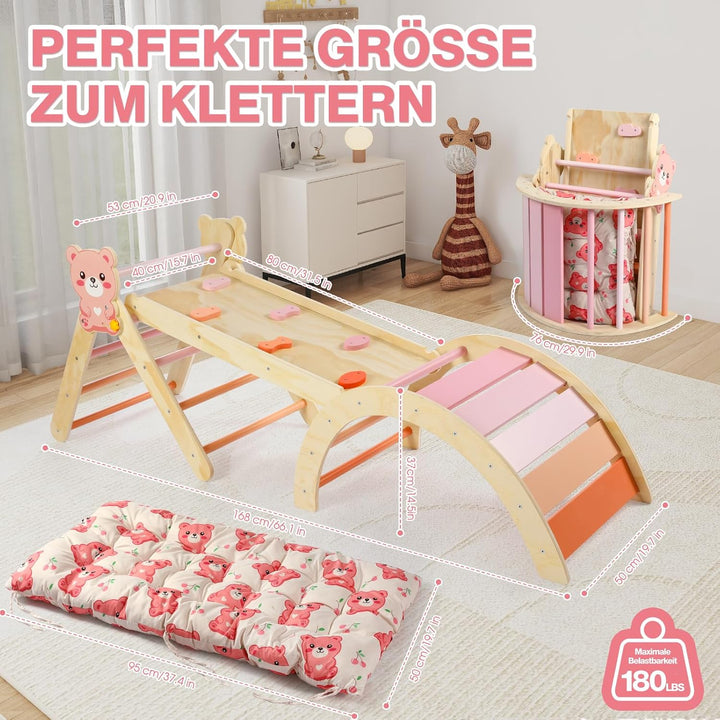 7-in-1 Montessori Kletterdreieck Set mit Rutsche, Kletterbogen & weichem Kissen – Holz Klettergerüst