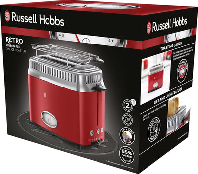 Russell Hobbs Toaster [für 2 Scheiben] Retro Edelstahl Rot (Countdown-Anzeige im Retrodesign, inkl.