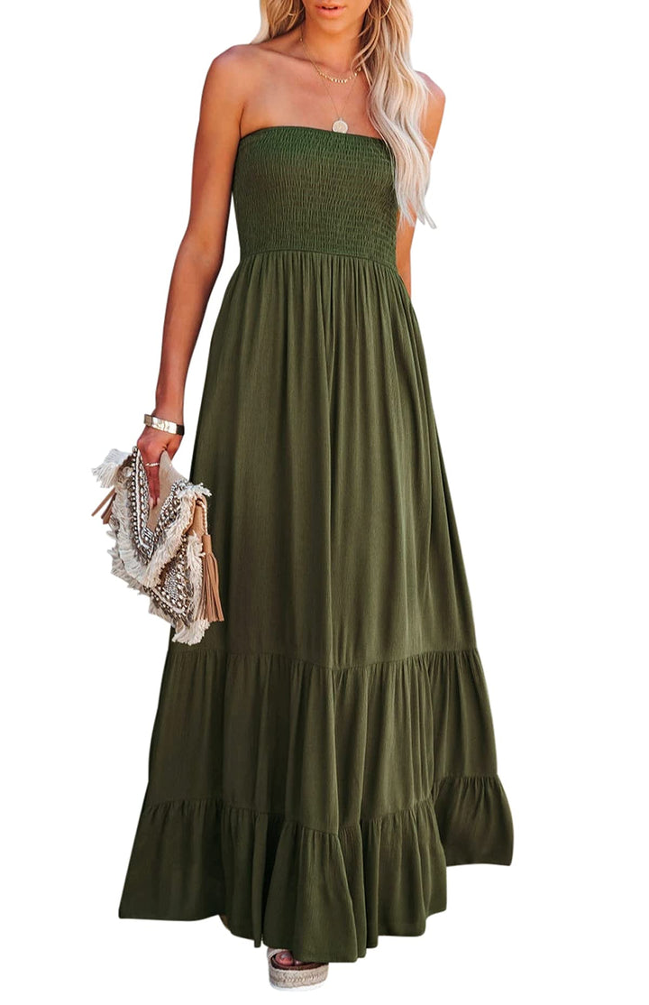 R.Vivimos Sommer Boho Trägerloses Bandeau Shirred Blumen Rüschen Tube A Linie Midikleid S Armeegrün