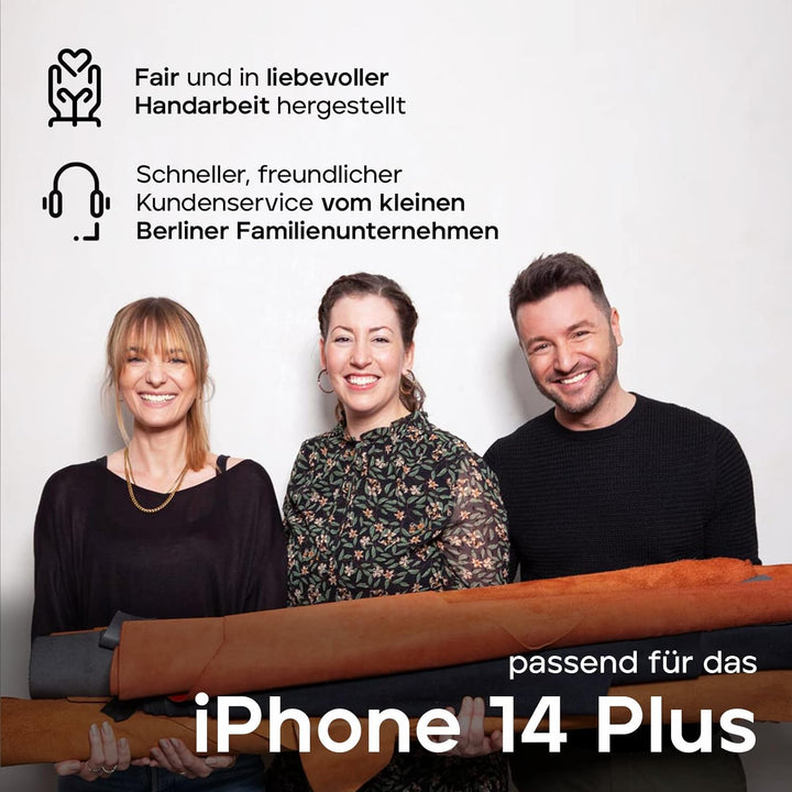 WIIUKA Hülle für iPhone 14 Plus, Leder aus Deutschland, Lederhülle extra Dünn, Premium Handyhülle, C