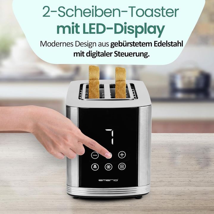 EMERIO Edelstahl Toaster mit grossem Display | 2 Toastschlitze | Zentrierautomatik | Krümelschublade