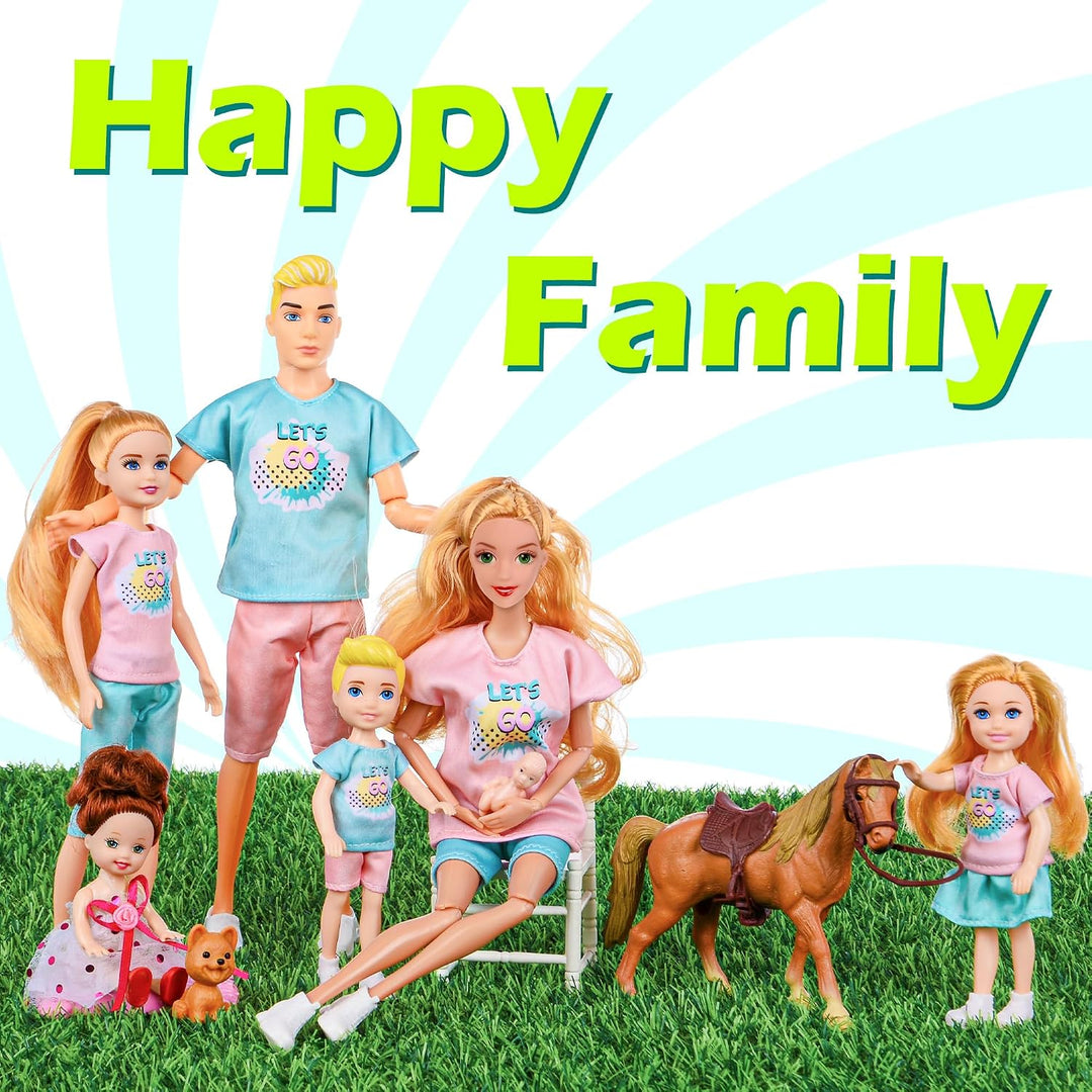 Familie Puppen Set von 7 Personen mit Welpen und Pferd Zubehör Inklusive 11.5 Zoll schwanger Mama, P