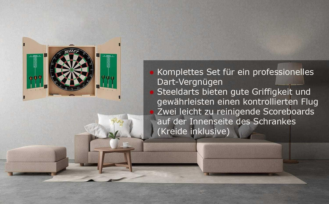 Bullet Dartschrank aus Holz - Board aus Borsten-Sisal - 6-27x Steeldarts - mit Scoreboard im Inneren