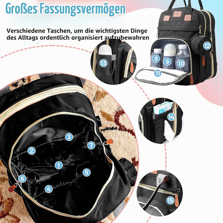 Wickeltasche Rucksack，Wickelrucksack Gross，Multifunktional Diaper Bag mit Mobiler Wickelauflage，Wass
