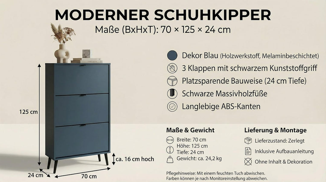Schuhschrank mit 3 Klappen, Schuhregal Schuhkipper Schmal, Schuhschrank Pastel Blau, Schuhablage Ver