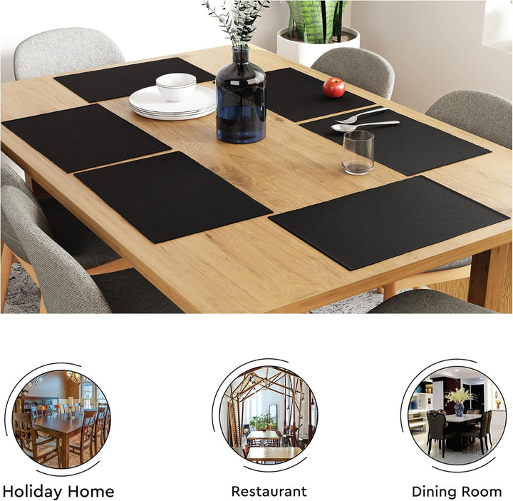 Encasa XO Platzsets Esstisch Set von 6 | Tiefes Schwarz | Fein gerippte Baumwoll-Tischunterlage | Gr