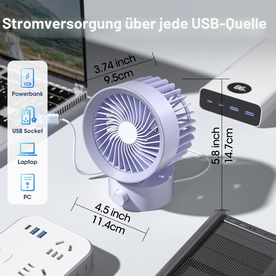 USB Ventilator Leise – Mini Tischventilator mit Stufenloser Regelung, Kleiner Schreibtischventilator