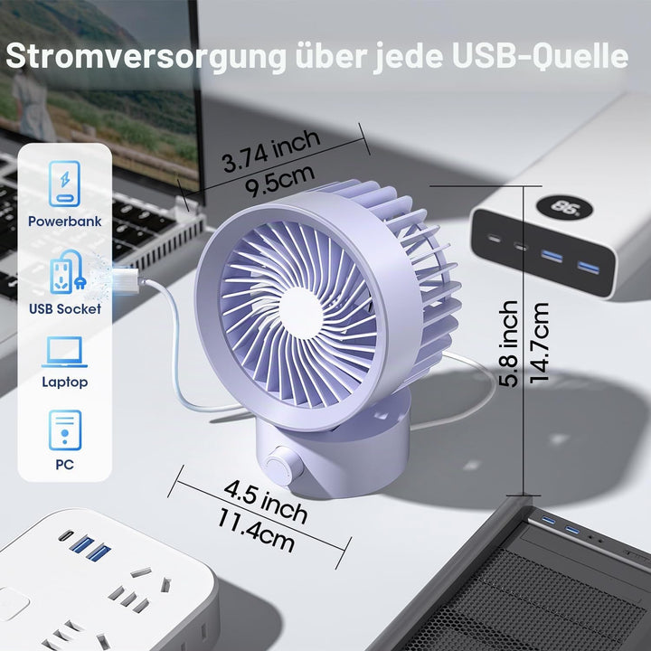 USB Ventilator Leise – Mini Tischventilator mit Stufenloser Regelung, Kleiner Schreibtischventilator