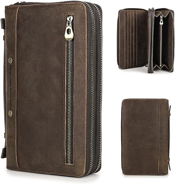 Contacts Männer Leder Reissverschluss Karte Passport Pocket Bill Wallet Geldbörse Handytasche Kaffee