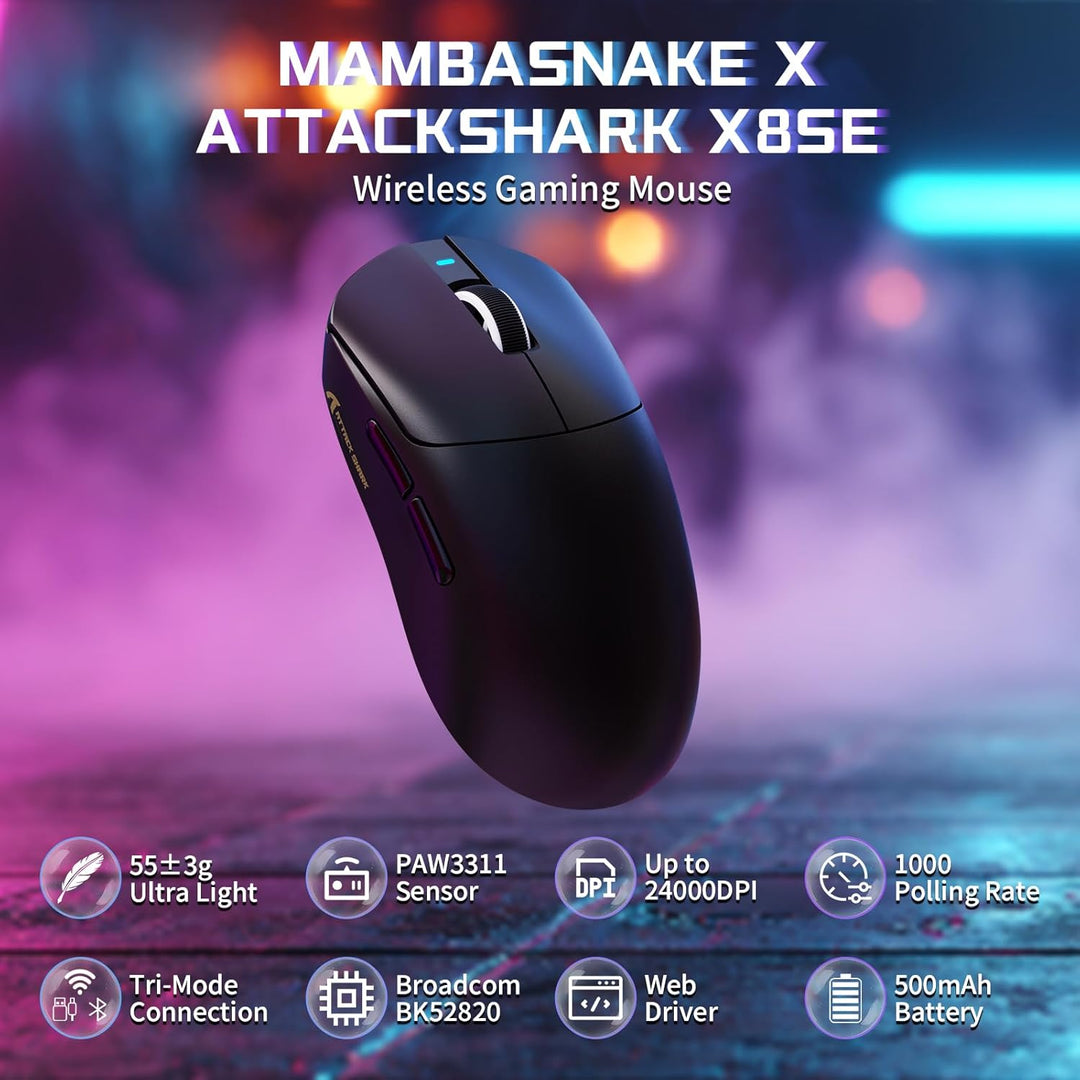 MAMBASNAKE X Attack Shark X8SE 55g ultraleichte kabellose Gaming Maus–bis zu 25000 DPI,PAW3311-Senso
