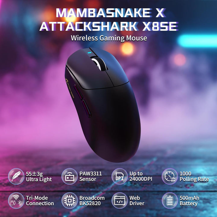 MAMBASNAKE X Attack Shark X8SE 55g ultraleichte kabellose Gaming Maus–bis zu 25000 DPI,PAW3311-Senso