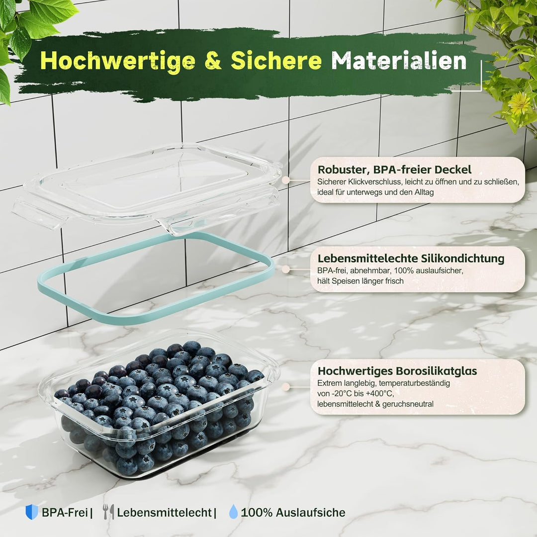 Glasbehälter mit Deckel 4er Set | Borosilikatglas Frischhaltedosen Luftdicht & Auslaufsicher | Vorra