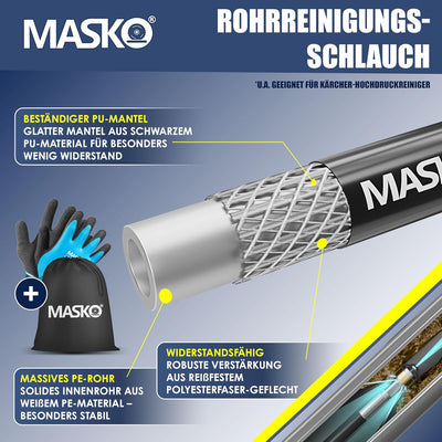 MASKO® Premium Rohrreinigungsschlauch Set Abflussreiniger 15m, 200 bar inkl. Tasche 3 Adapter 2 Düse