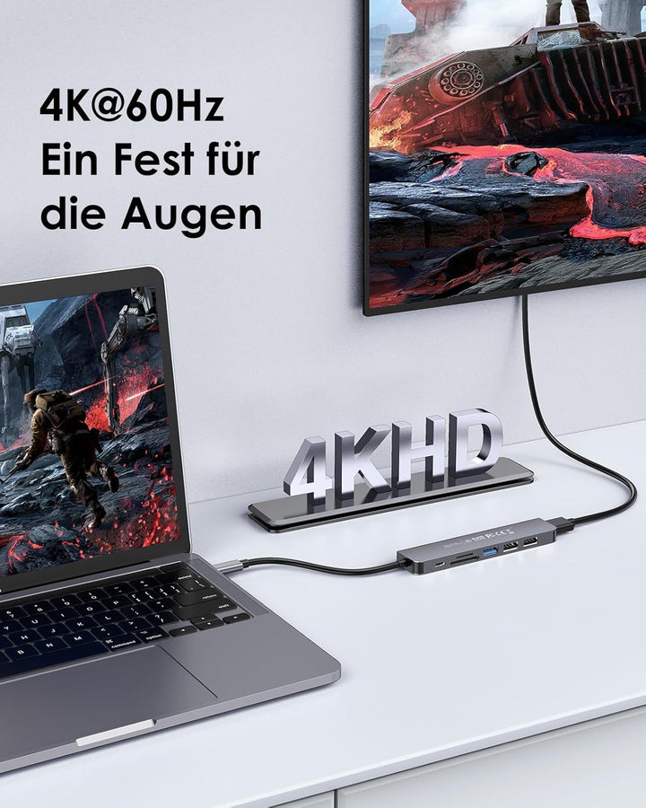 LENTION USB C Hub mit 100W PD Aufladung, 4K@60Hz HDMI, SD/TF Kartenleser, USB-3.0, Adapter USB-C auf