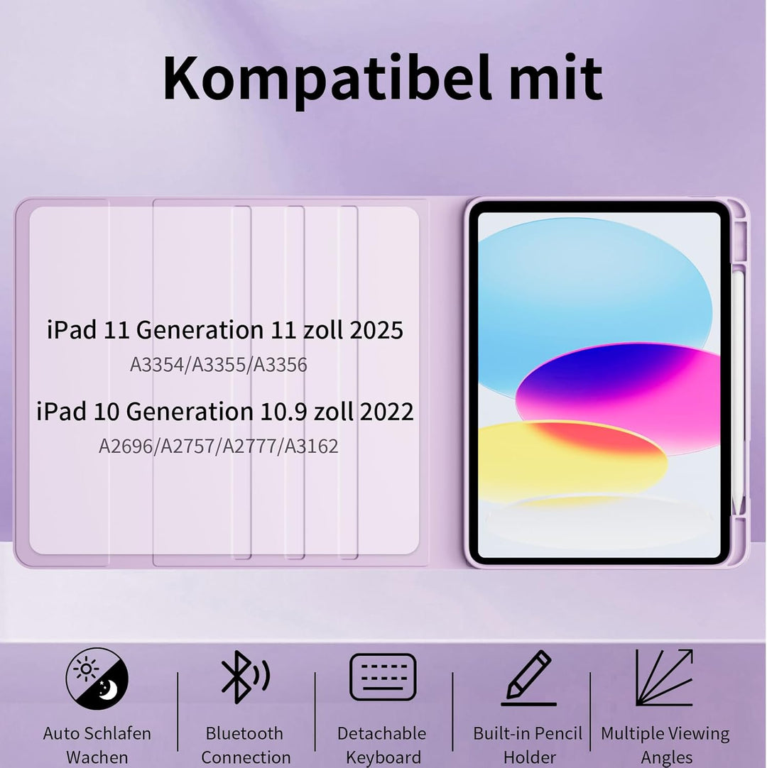 Hülle mit Tastatur für iPad A16 11 Generation 2025/10 Generation 2022 (11/10.9 Zoll) 7 Farben Beleuc