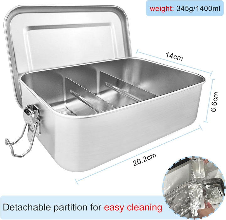 Nutabevr Premium Brotdose Edelstahl, 1400ml Lunchbox Auslaufsicher mit Abtrennung und Dichtring, nac