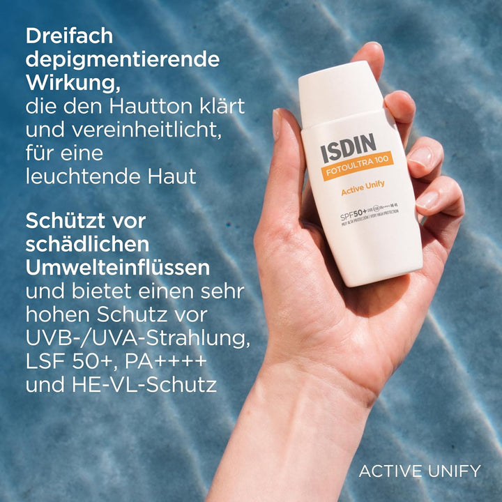 ISDIN FotoUltra Active Unify LSF 50+, Hellt auf und vereinheitlicht den Hautton, Sonnencreme mit dre