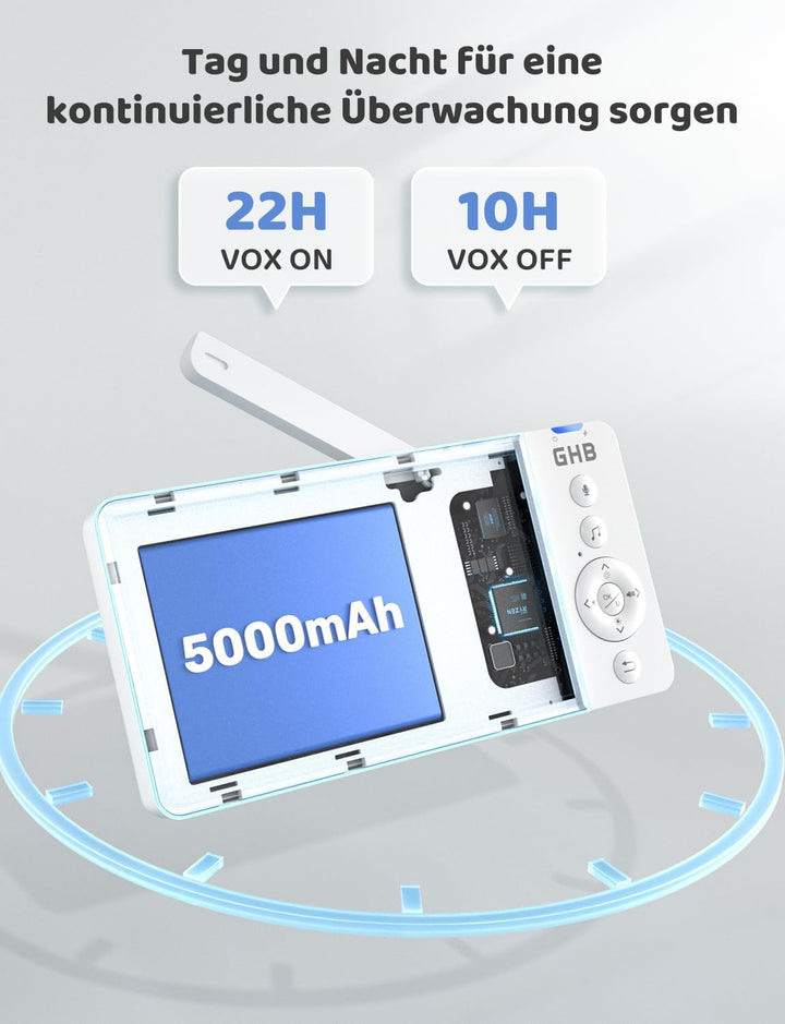 GHB Babyphone mit Kamera 5 Zoll IPS-Display 720P 5000 mAh VOX-Energiesparmodus 4X Zoom Nachtsicht Zw