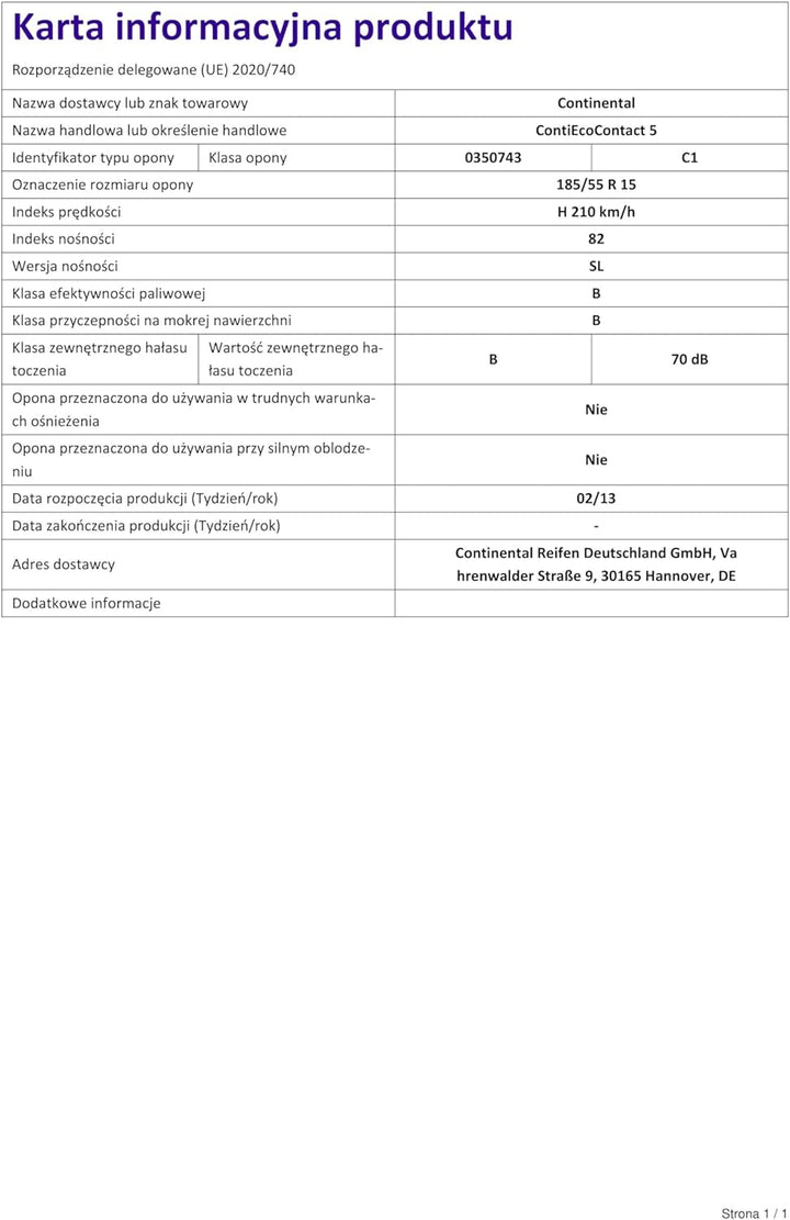 Continental 41016 - 185/55/R15 82H - B/B/70dB - Sommerreifen PKW 185/55R15 82H (1), 185/55R15 82H (1