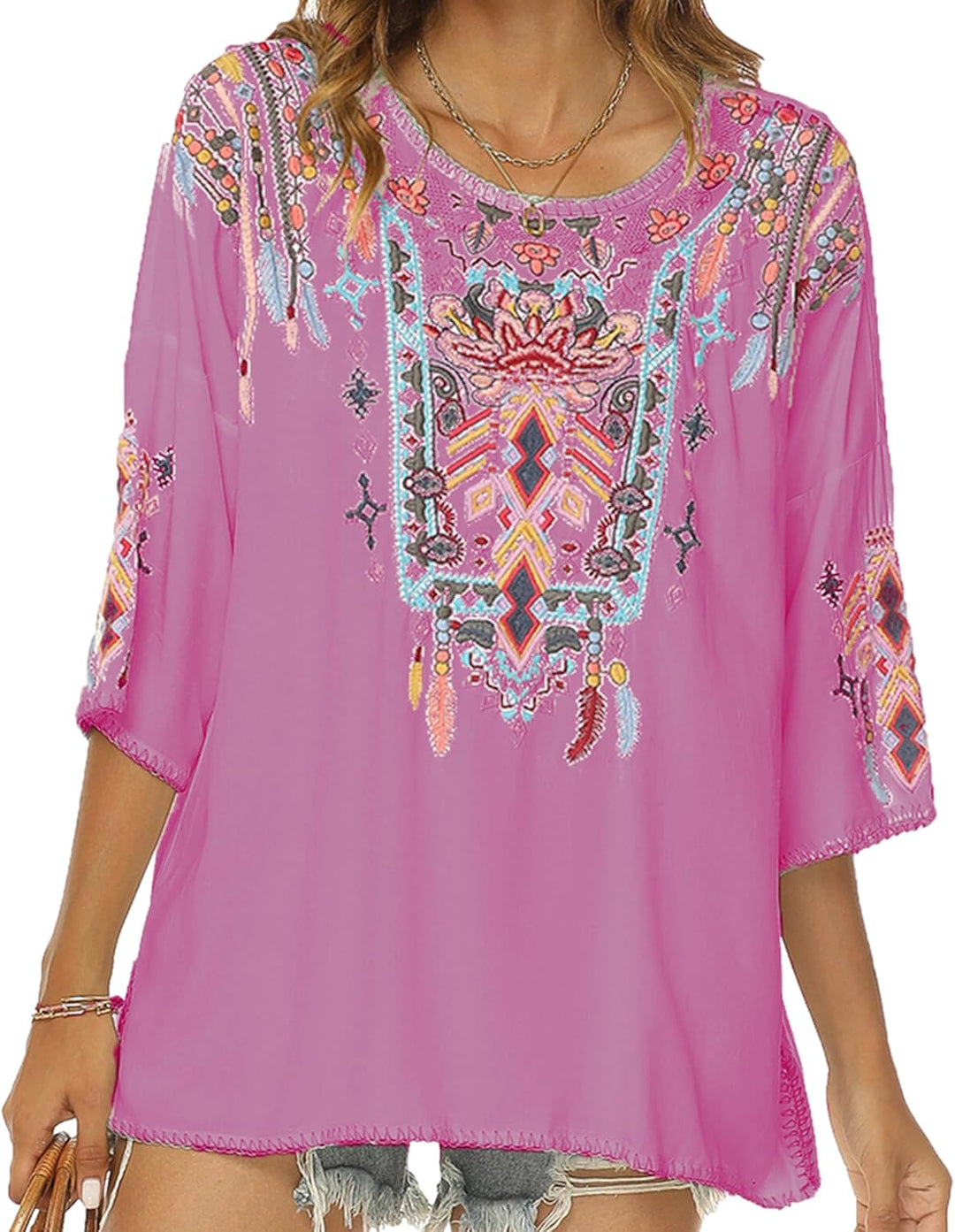 Vakakado Boho Stickerei Bluse Hippie Kleidung Damen 70er 80er Jahre Bekleidung Bohemian Folklore Bes