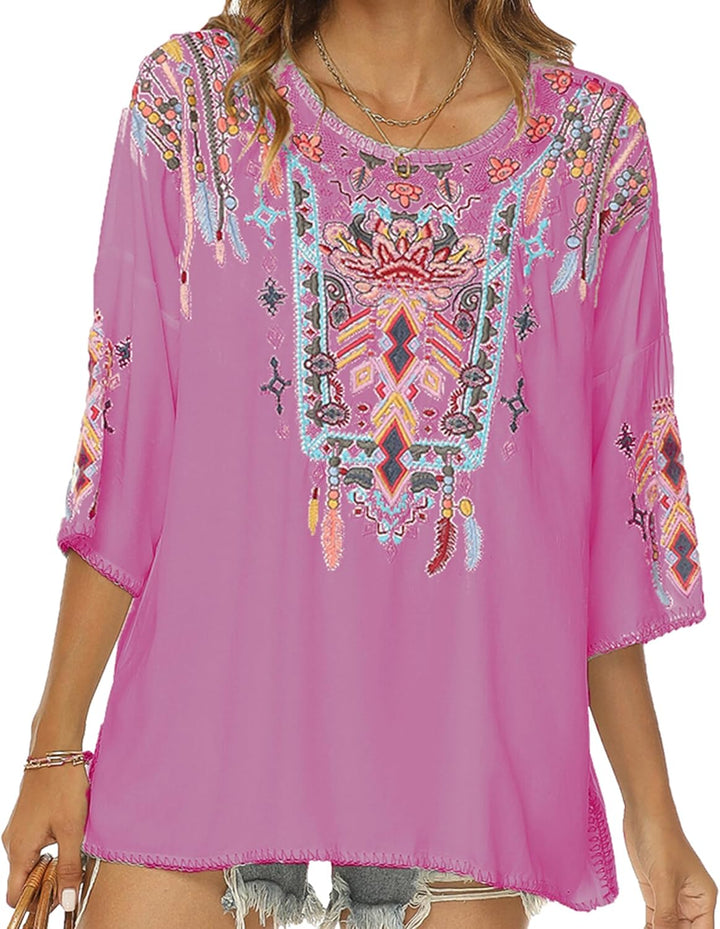 Vakakado Boho Stickerei Bluse Hippie Kleidung Damen 70er 80er Jahre Bekleidung Bohemian Folklore Bes