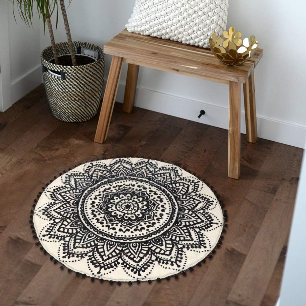 Uphome 60 cm runder kleiner Flächenteppich mit schickem Bommel Fransen Luxus Mandala Boho Samt Badez