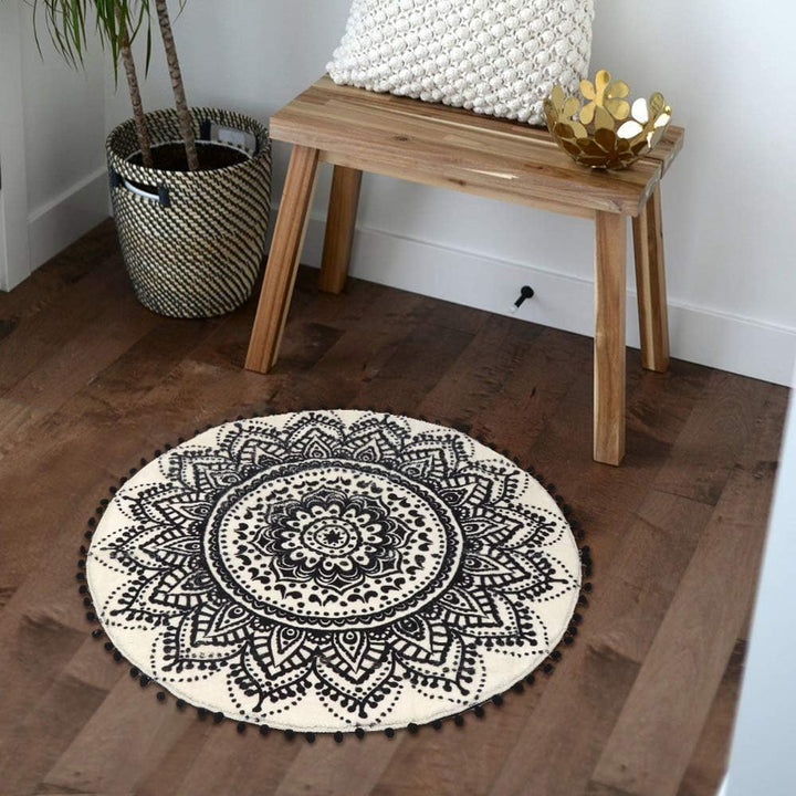 Uphome 60 cm runder kleiner Flächenteppich mit schickem Bommel Fransen Luxus Mandala Boho Samt Badez