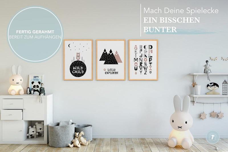 Papierschmiede® Kinderbilder 3er Set, A3 gerahmt in Holzrahmen (Natur), Geschenk für Jungen & Mädche