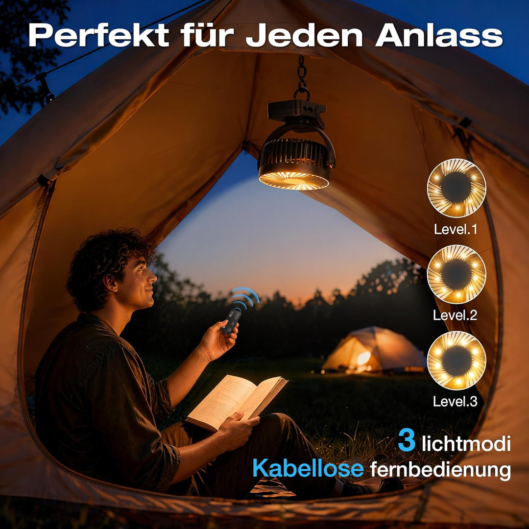 USB Ventilator 12000mAh Akku Tischventilator mit Fernbedienung & Magnetfuss, 3 Stufen, LED Licht, Ti