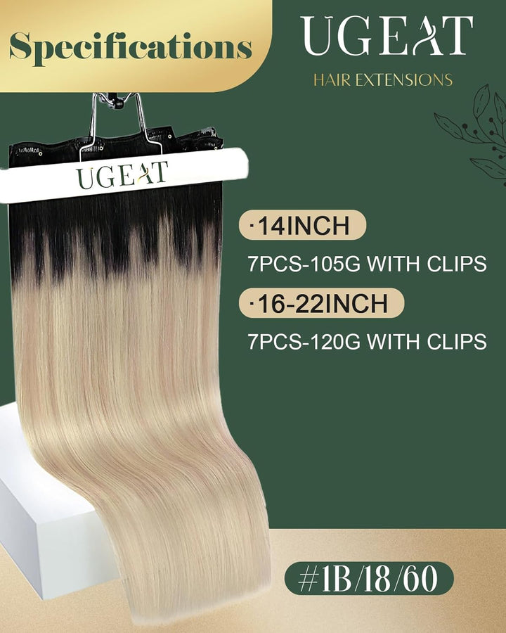 Ugeat Clip Extensions Echthaar Blond Balayage 50cm 120Gramm Echthaar Clip Extensions #1B/18/60 Black