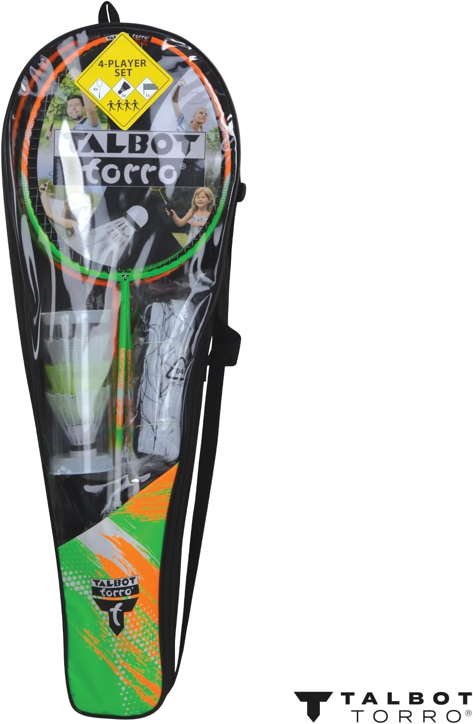 Talbot-Torro Badminton-Set 4-Attacker Plus, Kolmplettset mit 4 Schläger, 3 Federbälle, komplette Net