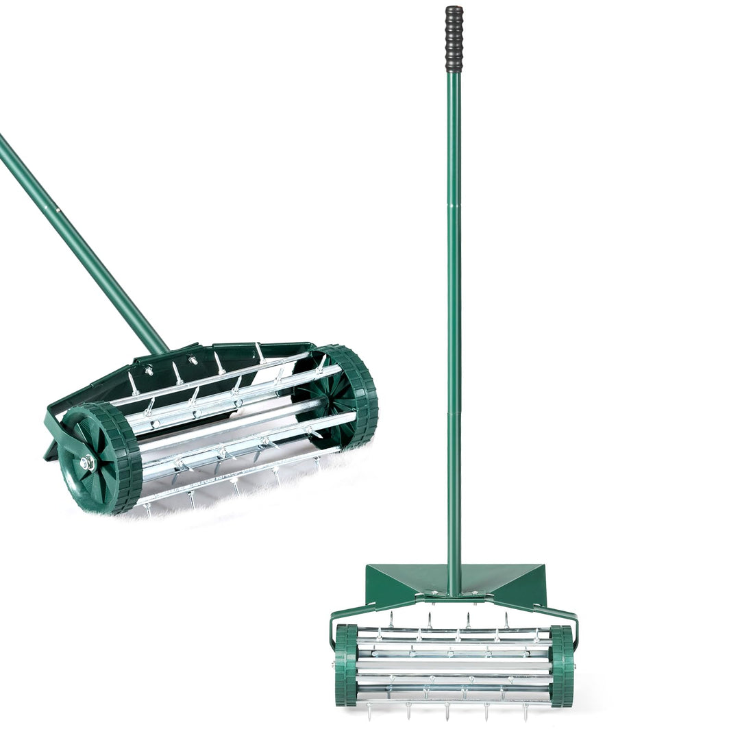 COSTWAY Rasenlüfter Walze, Rasenrolle mit Stiel & 3cm Nägeln & Spritzschutz, Handvertikutierer rolle