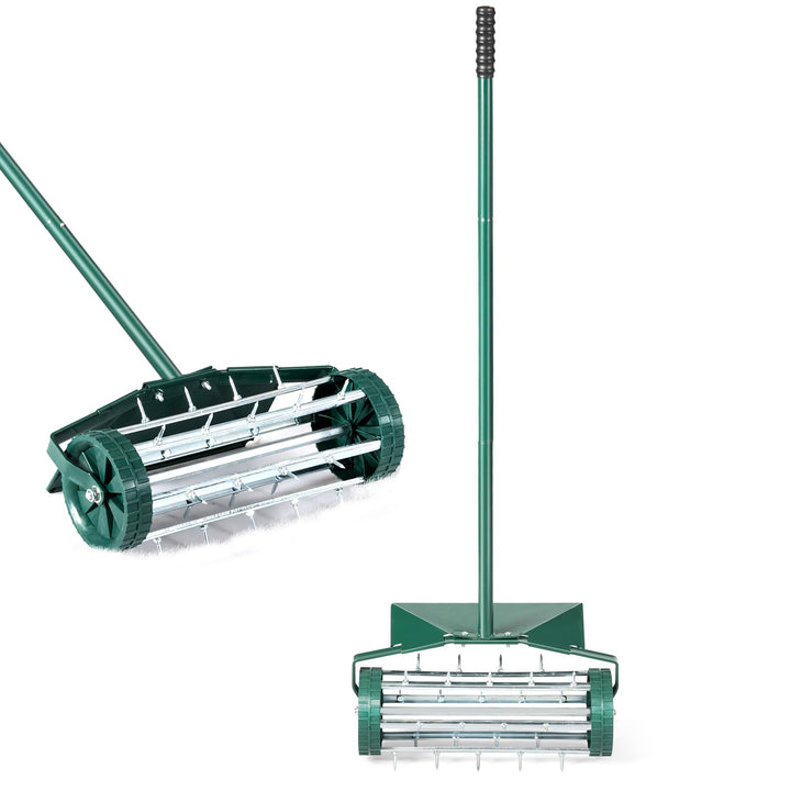COSTWAY Rasenlüfter Walze, Rasenrolle mit Stiel & 3cm Nägeln & Spritzschutz, Handvertikutierer rolle