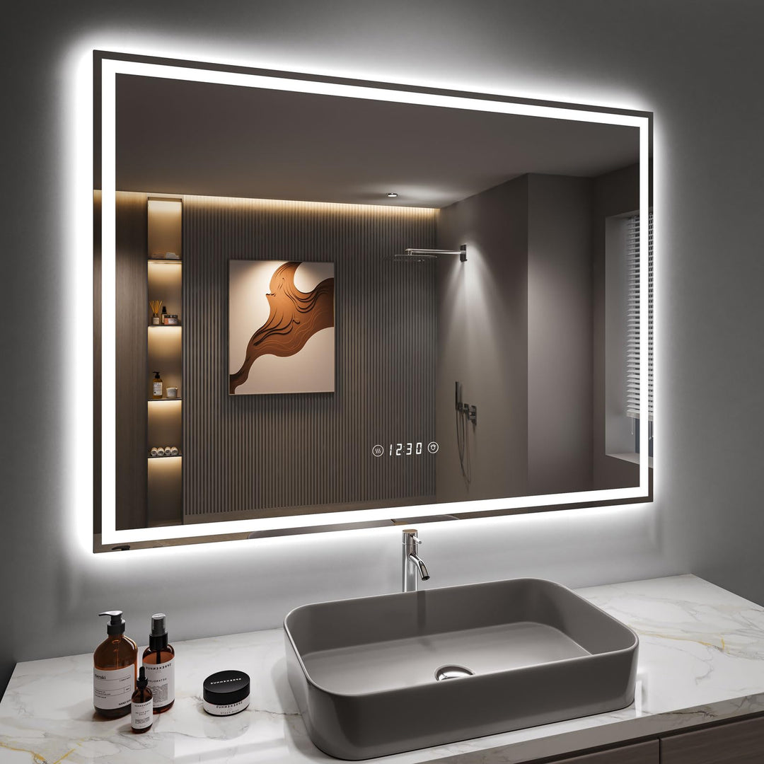 Dripex Badspiegel mit Beleuchtung Led Spiegel mit Uhr und Steckdose, Dimmbar, 3 Lichtfarbe Einstellb