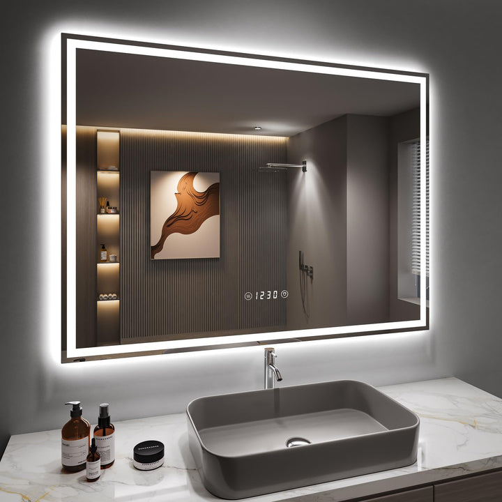 Dripex Badspiegel mit Beleuchtung Led Spiegel mit Uhr und Steckdose, Dimmbar, 3 Lichtfarbe Einstellb