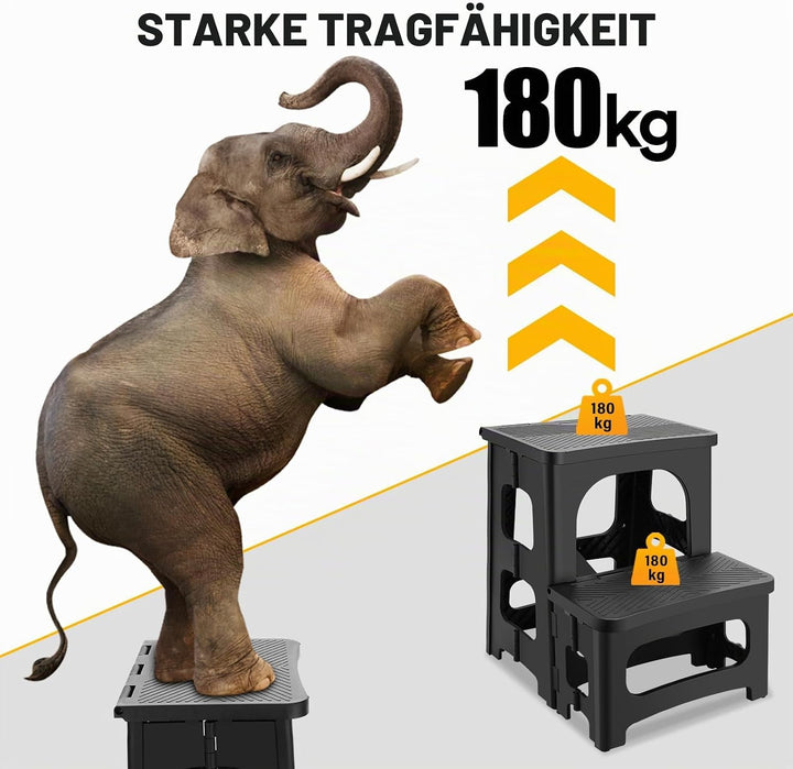 Tritthocker faltbar für Erwachsene, Rutschfester Klapphocker 2-stufig belastbar bis 180KG, Tragbarer