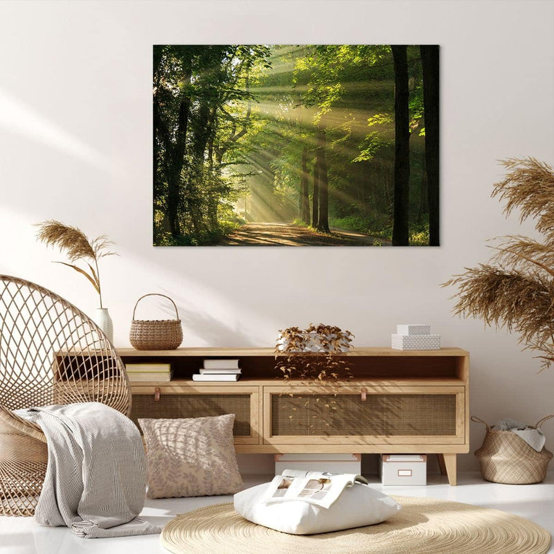 Bilder auf Leinwand 100x70cm Leinwandbild mit Rahmen Wald Baum Natur Gross Wanddeko Bild Schlafzimme