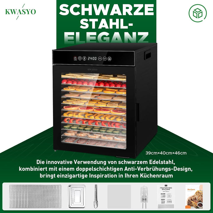 Kwasyo Dörrautomat Edelstahl, Dörrgerät 12 Etagen Ganz in Schwarz, 30-90℃ Temperaturregelung, 24 Stu