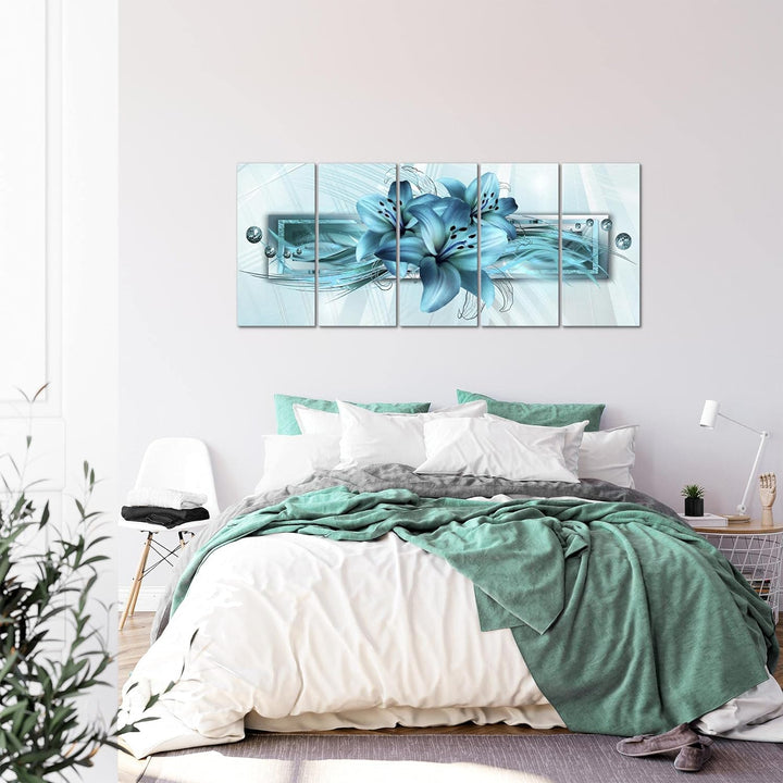 Runa Art Wandbild XXL Blumen Lilien Wohnzimmer Schlafzimmer 200 x 80 cm Türkis 5 Teilig - Made in Ge