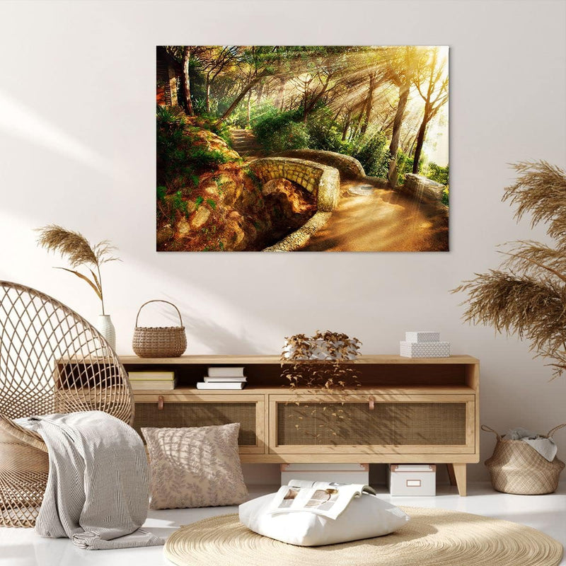 Bilder auf Leinwand 100x70cm Leinwandbild Pfad Steinbrücke Wald Herbst Gross Wanddeko Bild Schlafzim