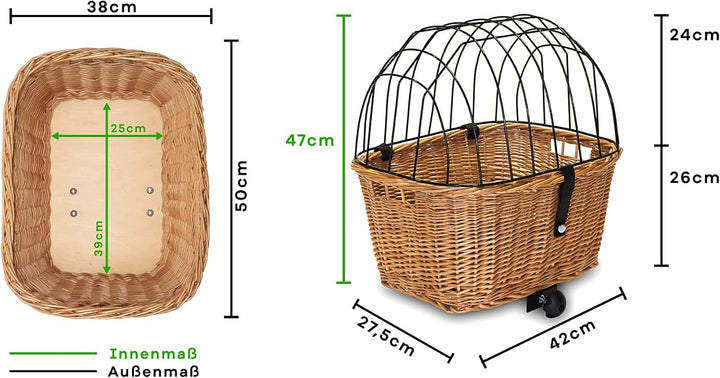Tigana - Hundefahrradkorb für Gepäckträger aus Weide mit Gitter 50 x 38 cm Eckig Weiss (W-S) (ohne K