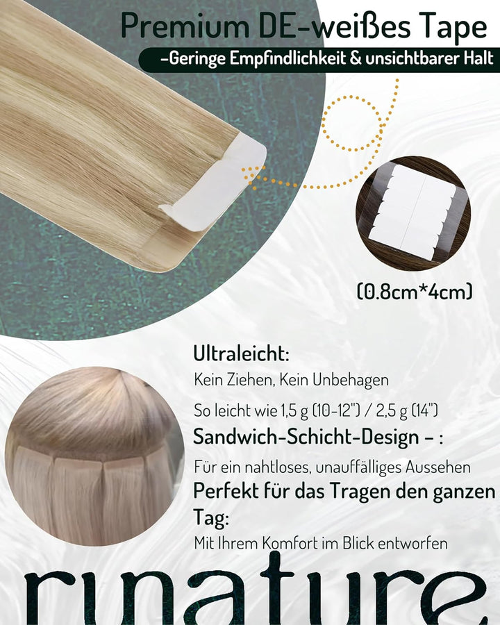 RUNATURE Blond Tape Echthaar Extensions 45cm Aschblond mit Platinblond Tape in Haarverlangerung Remy