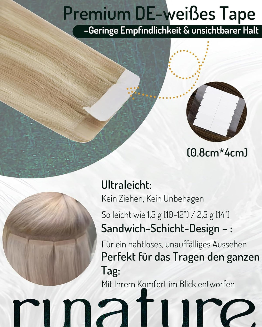 RUNATURE 55cm Tape Extensions Echthaar Blond Invisible Tape in Extensions Echthaar 20 Stück 50g Unsi