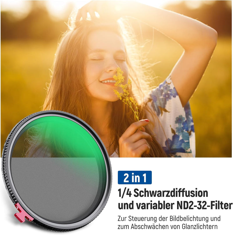 NEEWER 2 in 1 55mm Black Diffusion 1/4 Effekt mit ND2-ND32 Variable ND Filter kein X Kreuz Graufilte