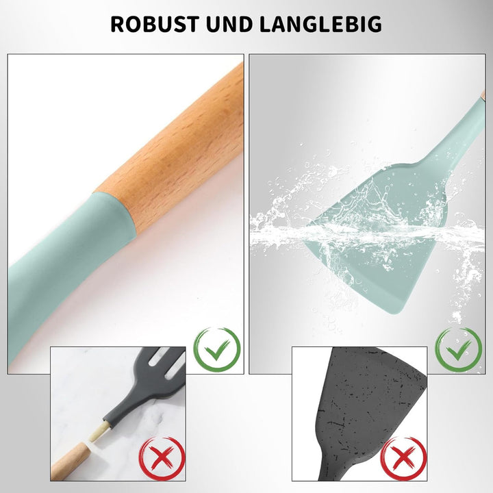 BASVII Küchenhelfer Set Silikon - 12 Stück Küchenutensilien Set aus Silikon und Holzgriffen, Hitzebe