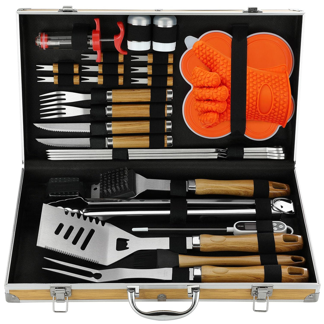 N NOBLE FAMILY Premium Grillzubehör Set mit Bambusmaserung Glatter Griff - 30PCS Edelstahl Grill Set