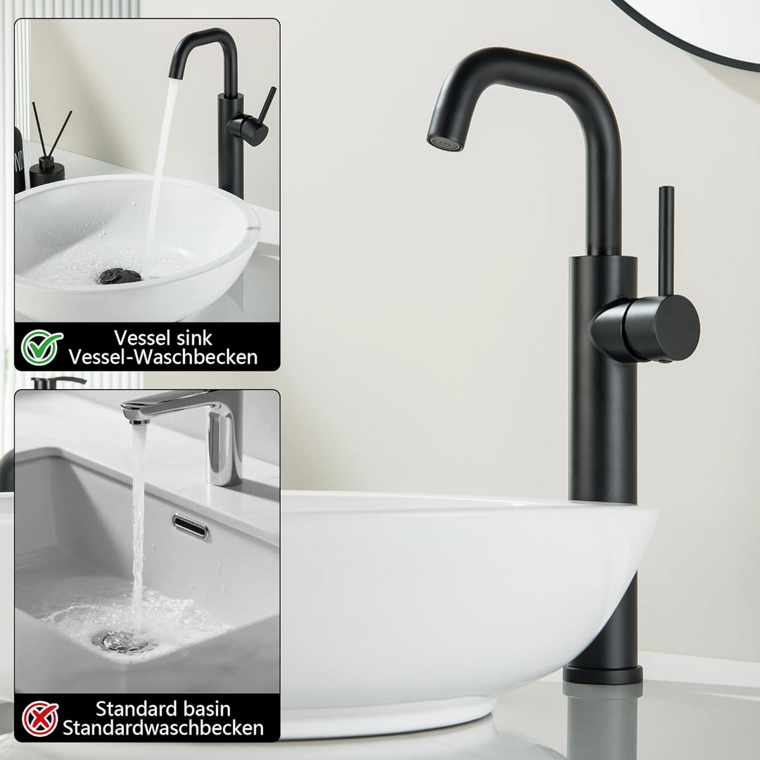 LIWEIKE Wasserhahn Bad Schwarz, waschtischarmatur hoch 360° Drehbar einhebelmischer waschbecken mit