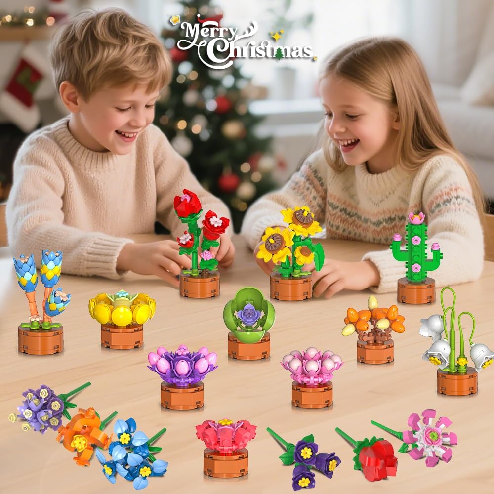 HOGOKIDS Adventskalender 2025 Blumen 3.6 Mini Bausatz - 24 Tage Weihnachten Countdown Sukkulenten Bo